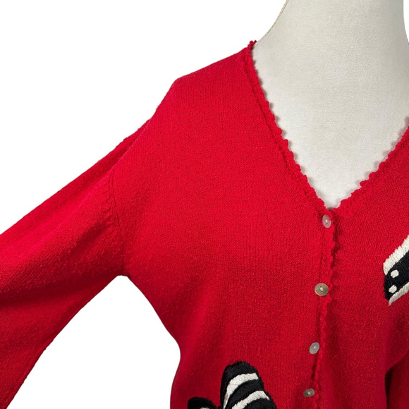 Vintage Susan Bristol Red Button Cardigan Embroidered Bows V-Neck Cute Size M - Picture 4 of 12